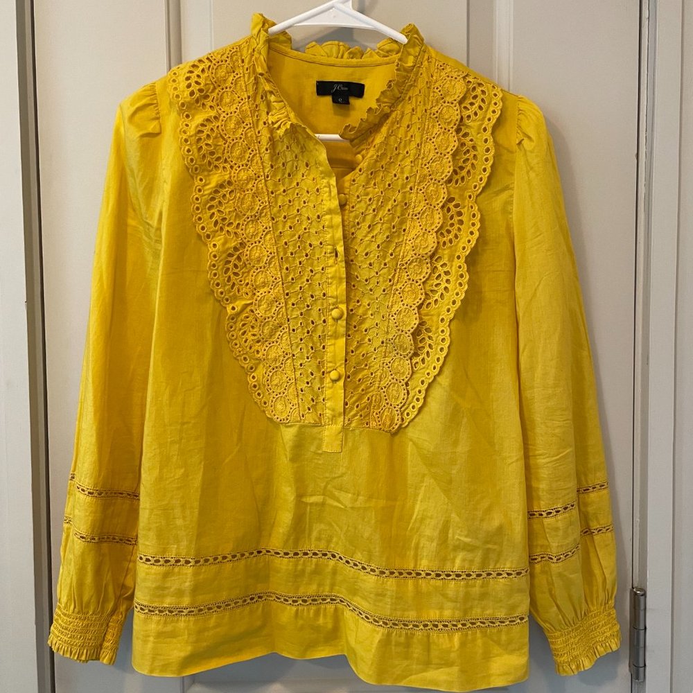 J. Crew Cotton Ruffle Neck Eyelet Top in Marigold